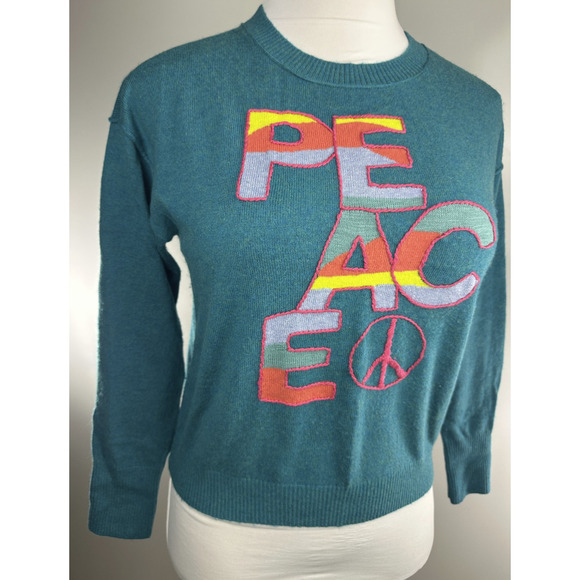 Sundance Colors Of Peace Sweater Teal Rare Rainbow Graphic Soft Wool Blend PXS - Picture 7 of 16
